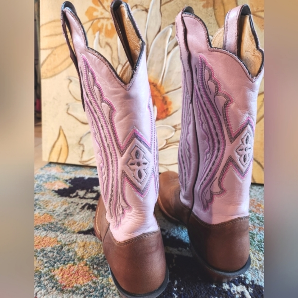 JUSTIN Punchy Pink Westerner Cowhide Foot COFFEE Leather Cowgirl Boots 8.5B EU C - Picture 8 of 16